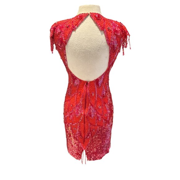 Vintage Gunit 80s Red Beaded Fringe Cocktail Dress With Open Back & High Necklin - Picture 4 of 12